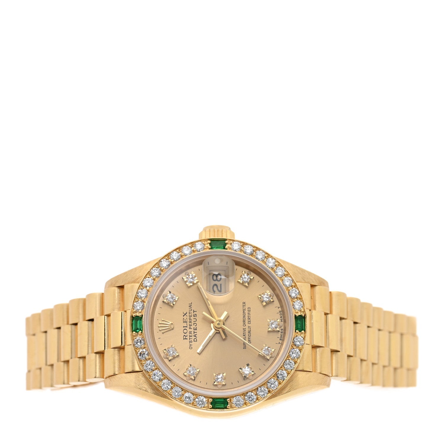 18K Yellow Gold Diamond Bezel Emerald 26mm Datejust President Watch Champagne 69078