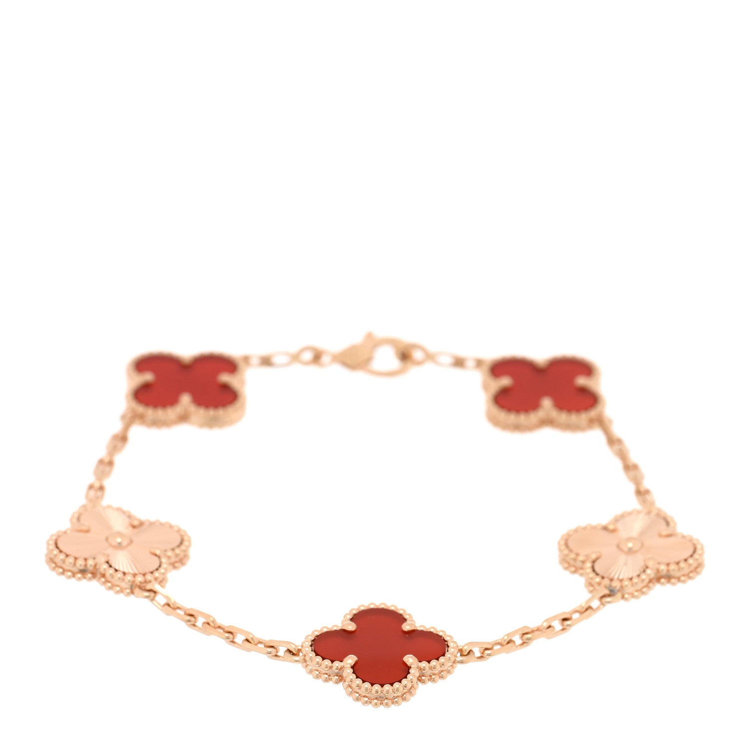 18K Rose Gold Carnelian 5 Motifs Guilloche Vintage Alhambra Bracelet