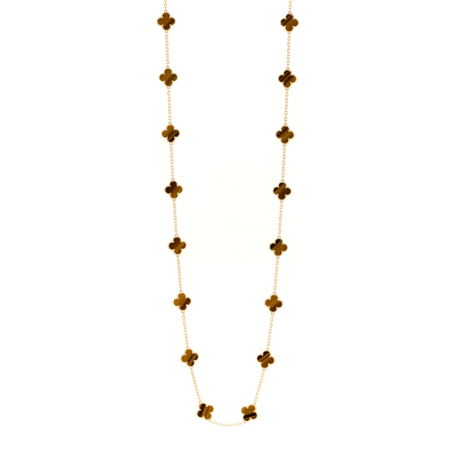 18K Yellow Gold Tiger Eye 20 Motifs Vintage Alhambra Necklace