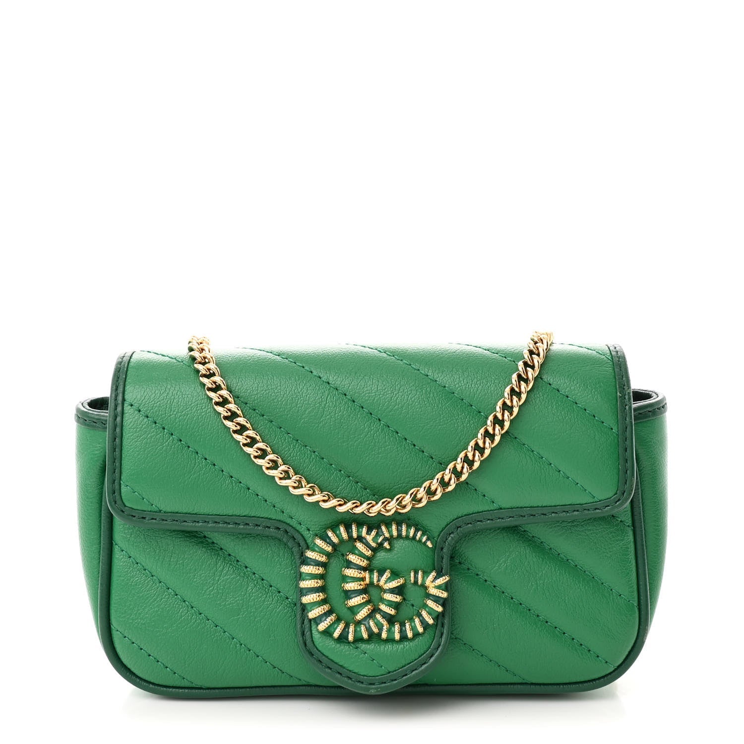 Azalea Calfskin Enamel Matelasse Diagonal Super Mini Torchon GG Marmont Shoulder Bag New Shamarock Emerald
