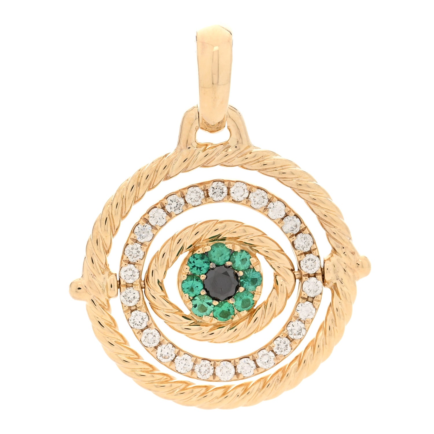 18K Yellow Gold Diamond Emerald Evil Eye Mobile Amulet Pendant