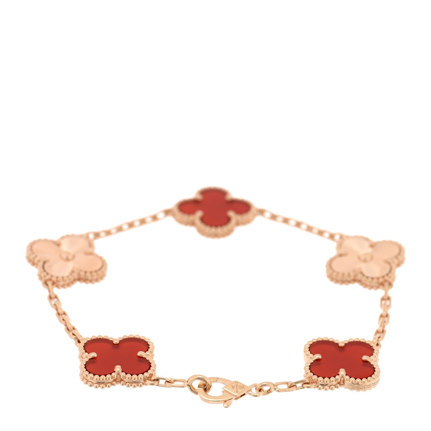 18K Rose Gold Carnelian 5 Motifs Guilloche Vintage Alhambra Bracelet