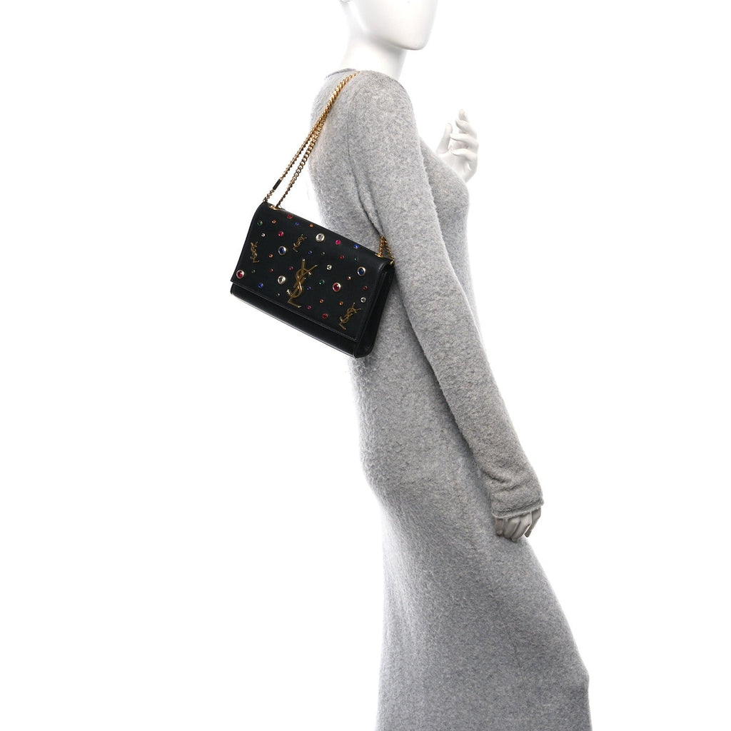 Calfskin Crystal Medium Monogram Kate Satchel Black