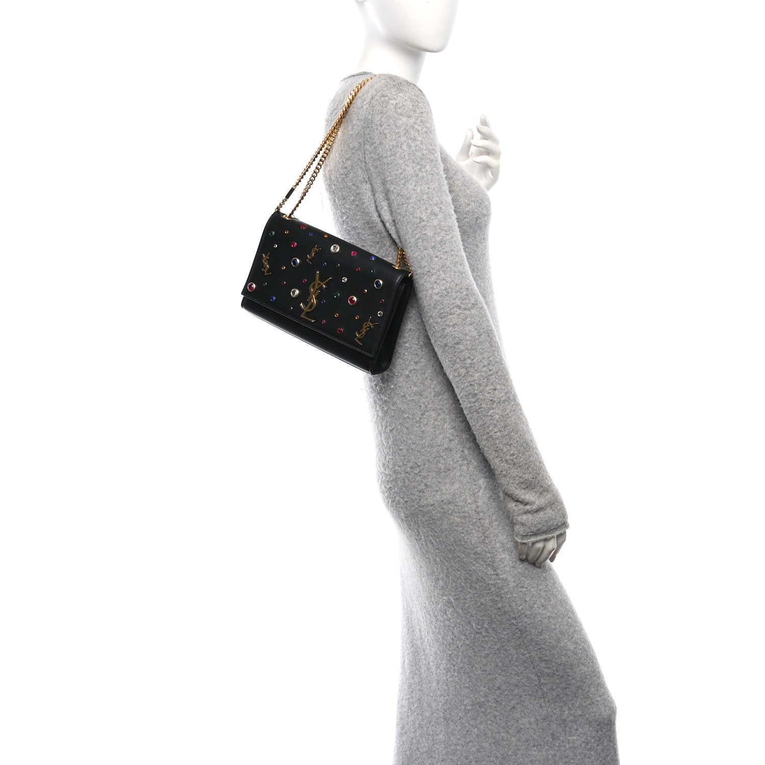 Calfskin Crystal Medium Monogram Kate Satchel Black