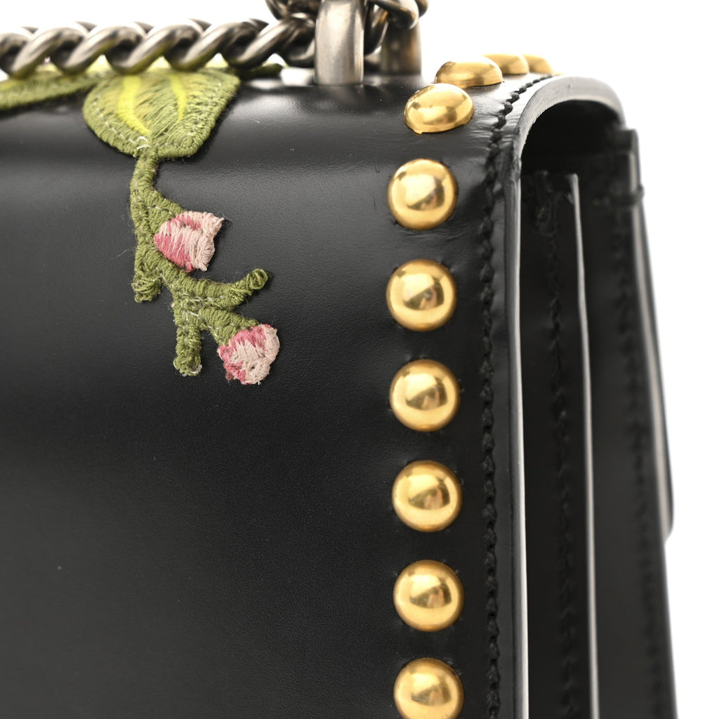 Calfskin Floral Embroidered Studded Small Dionysus Shoulder Bag Black