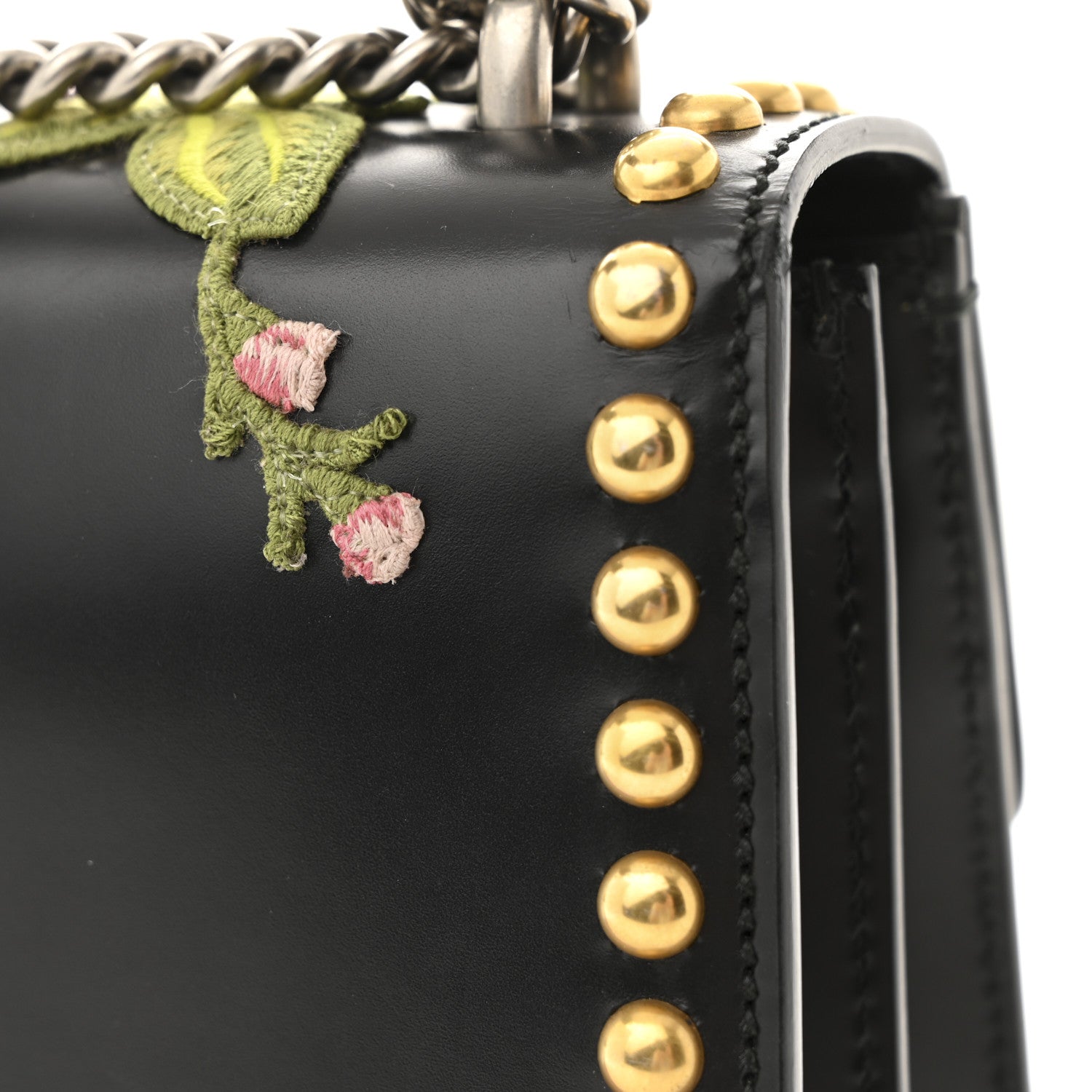 Calfskin Floral Embroidered Studded Small Dionysus Shoulder Bag Black