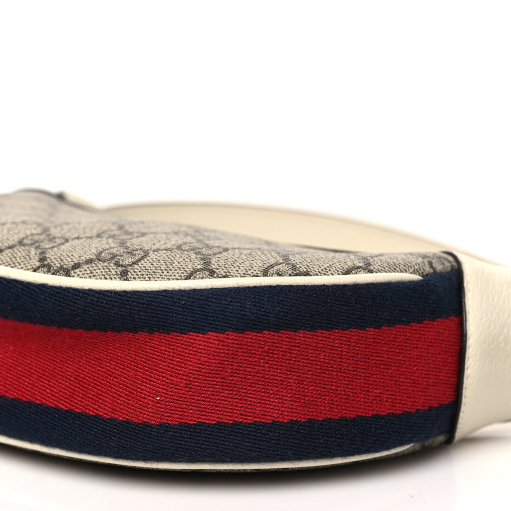 GG Supreme Monogram Textured Dollar Calfskin Web Mini Ophidia Half Moon Hobo Beige Ebony Mystic White