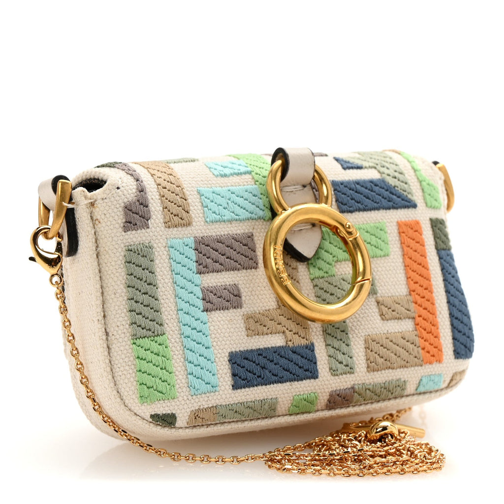 Canvas Nappa FF Multicolor Embroidered Nano Maxi Buckle Baguette Charm Grezzo Multicolor