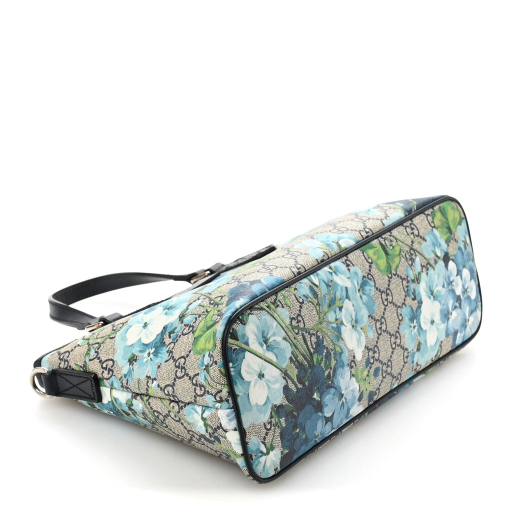 GG Supreme Monogram Blooms Small Zippered Tote Blue