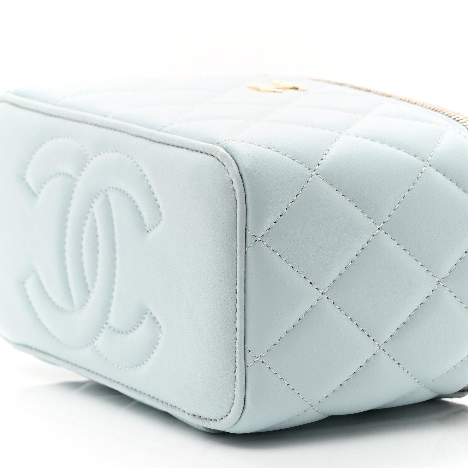 Lambskin Quilted Small Top Handle Vanity Case With Chain Light Blue