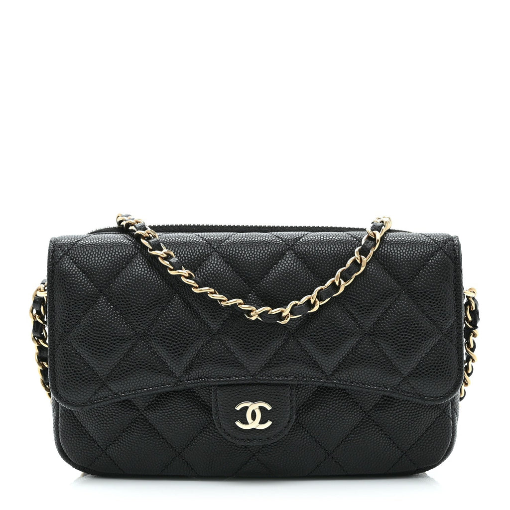 Caviar Quilted Flap Phone Holder With Chain Black