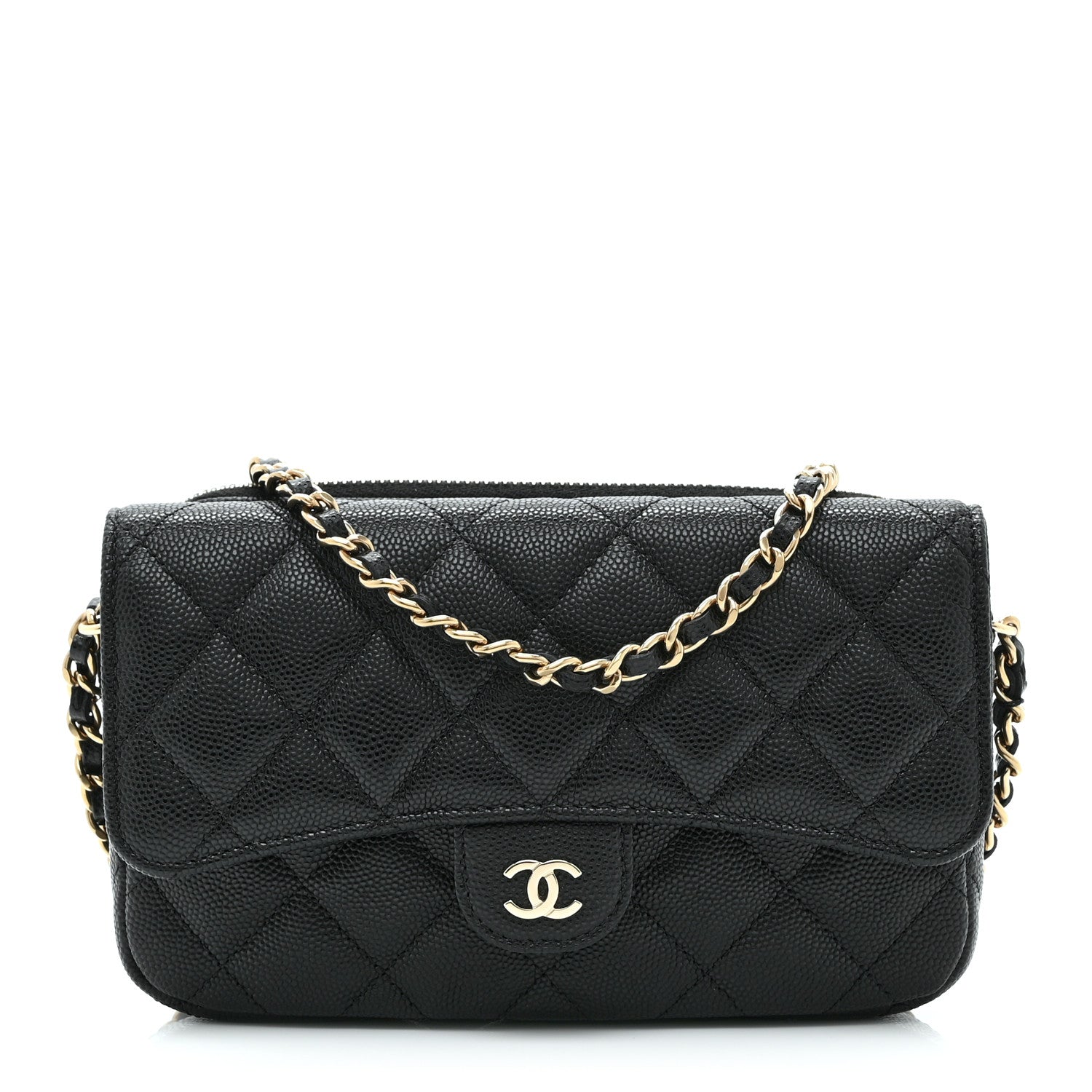 Caviar Quilted Flap Phone Holder With Chain Black