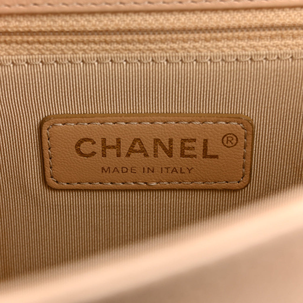 Grained Calfskin Quilted Medium Label Click Flap Bag Beige