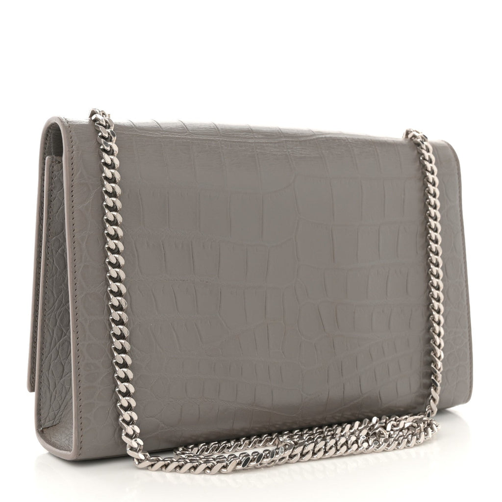 Calfskin Crocodile Embossed Medium Classic Monogram Kate Tassel Satchel Fog