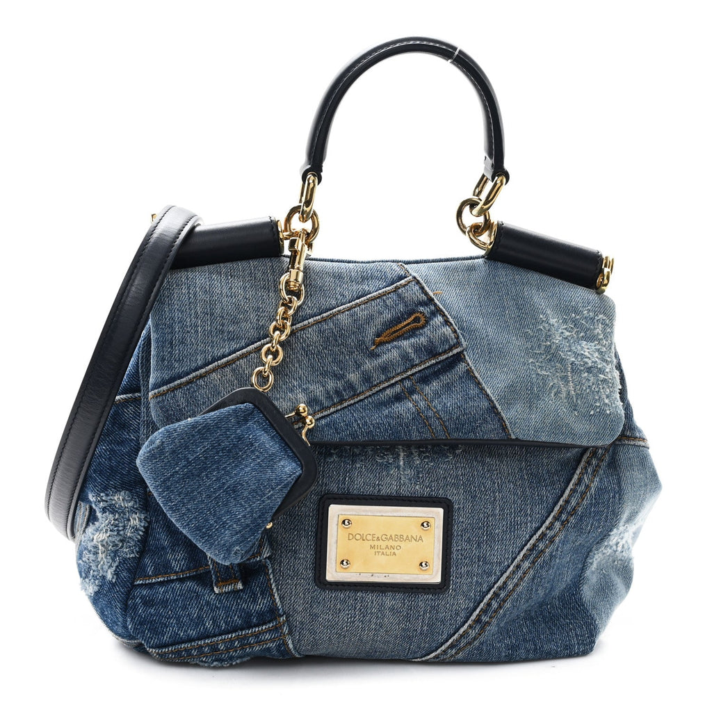 Calfskin Denim Patchwork Mini Miss Sicily Satchel Blue