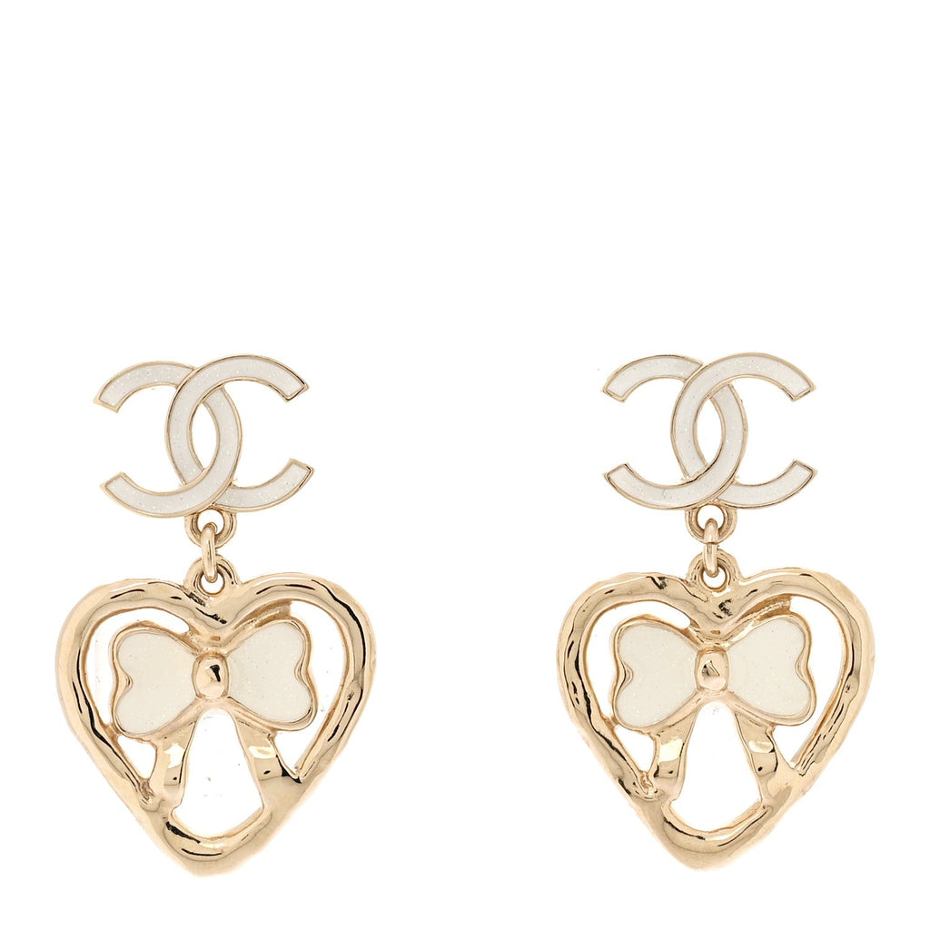 Metal Enamel CC Heart Drop Earrings Gold