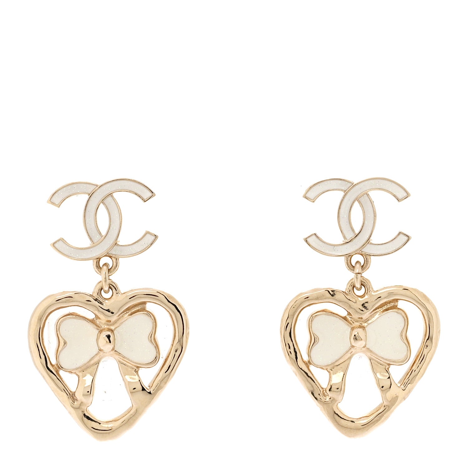 Metal Enamel CC Heart Drop Earrings Gold