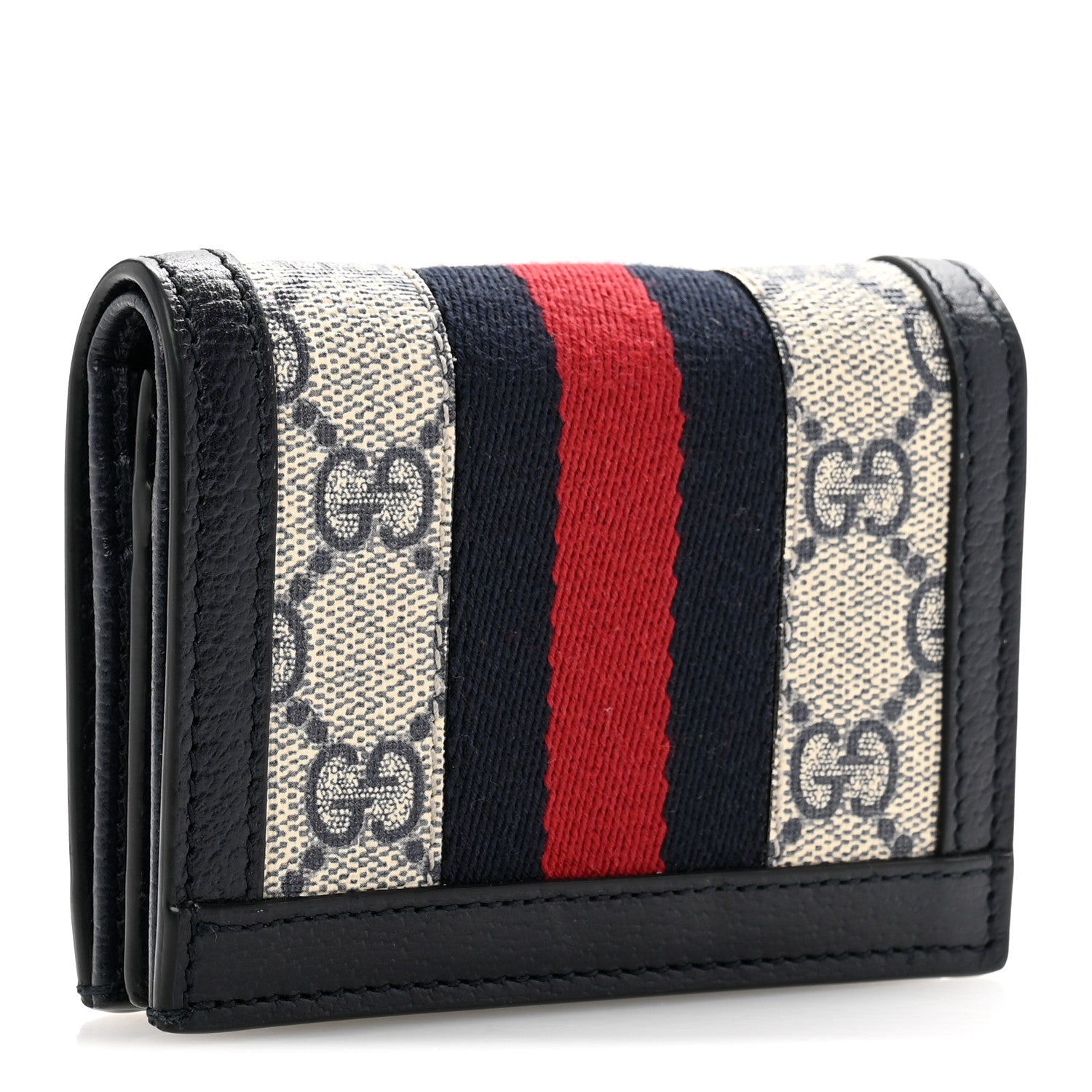 GG Supreme Monogram Textured Dollar Calfskin Web Ophidia Card Case Beige Blue