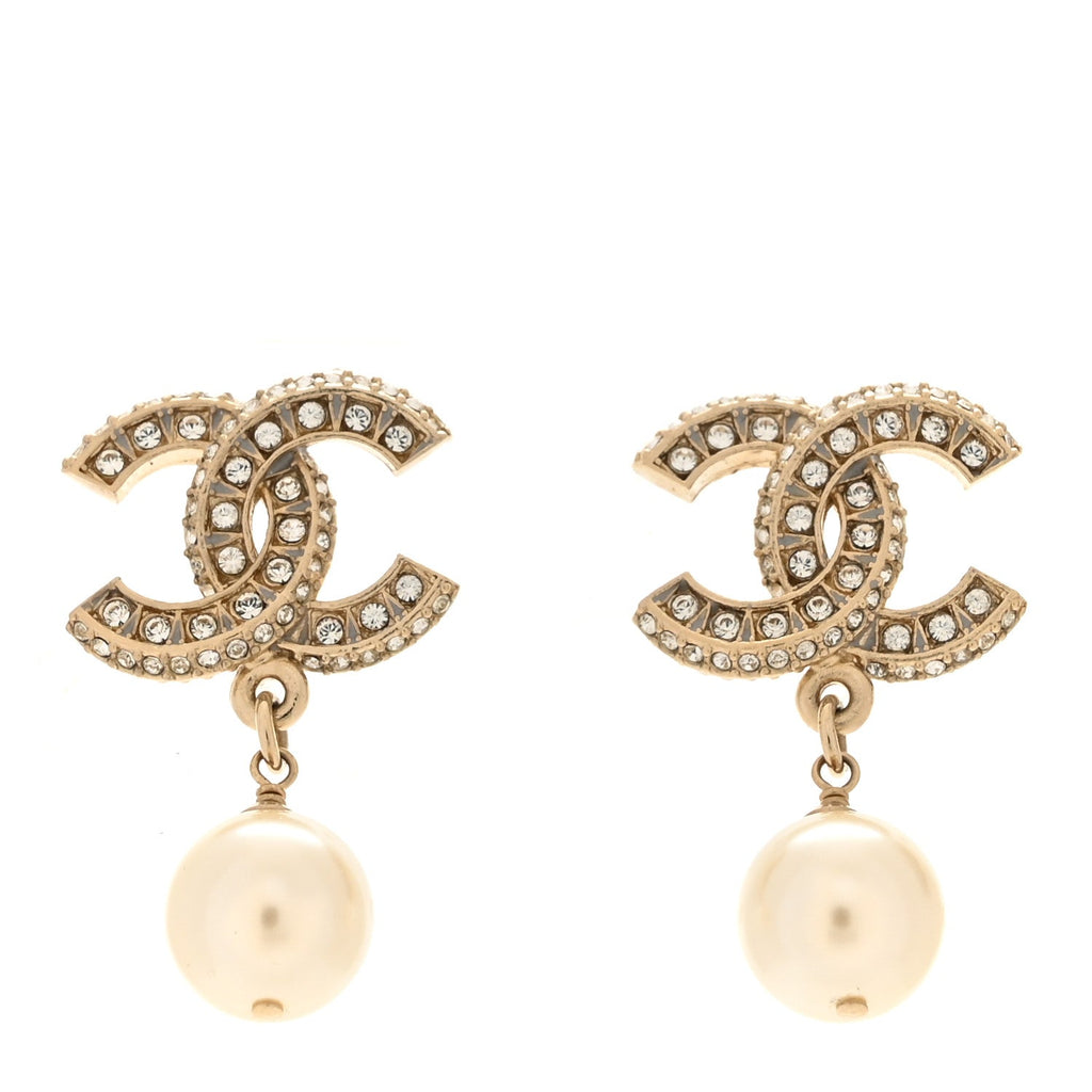 Crystal Pearl CC Drop Earrings Gold