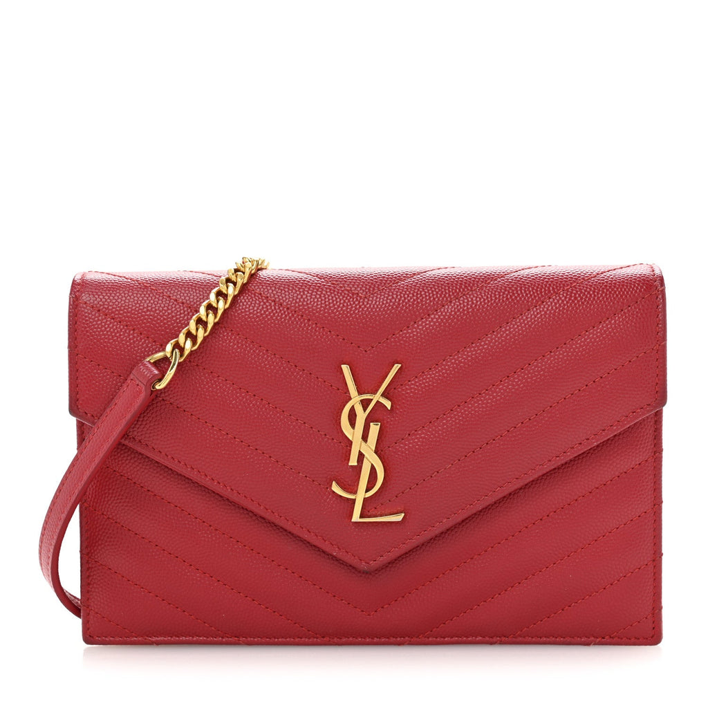 Grain De Poudre Matelasse Chevron Monogram Envelope Chain Wallet New Red