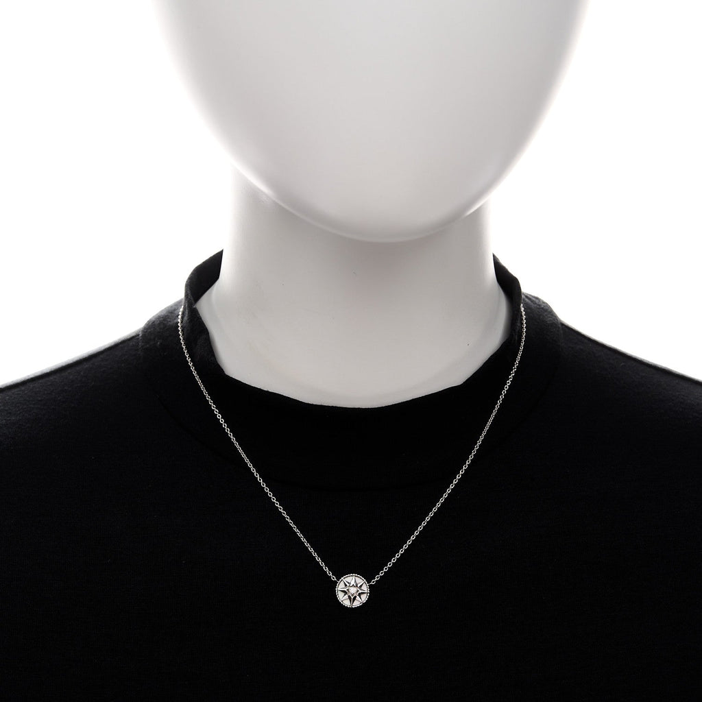 18K White Gold Diamond Mother of Pearl Rose Des Vents Necklace