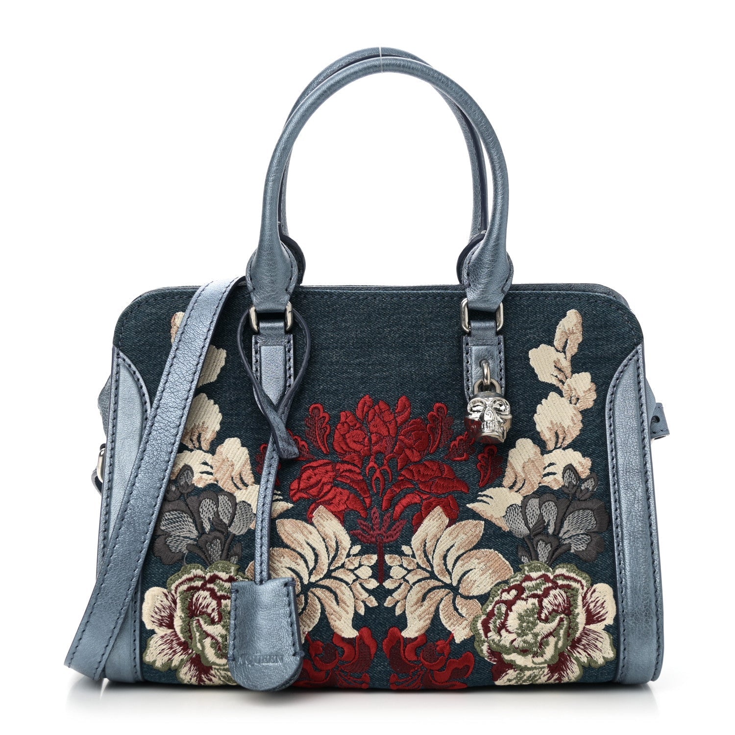 Denim Floral Embroidered Small Skull Padlock Zip Around Tote Blue Multicolor
