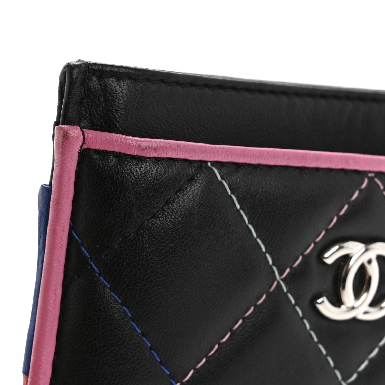 Lambskin Quilted Chanel Card Holder Black Pink Light Blue