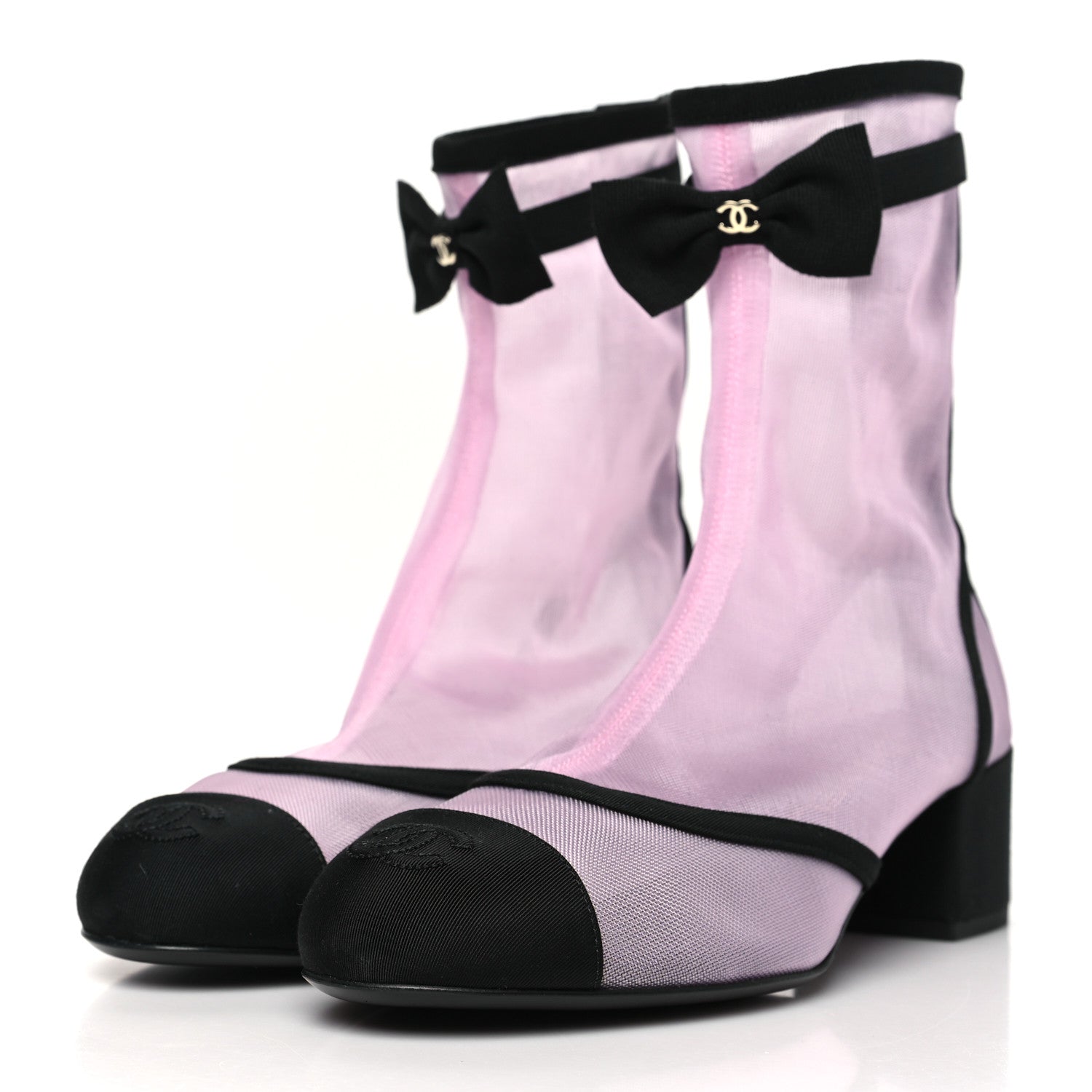 Mesh Grosgrain CC Cap Toe Ankle Boots 38.5 Light Pink Black