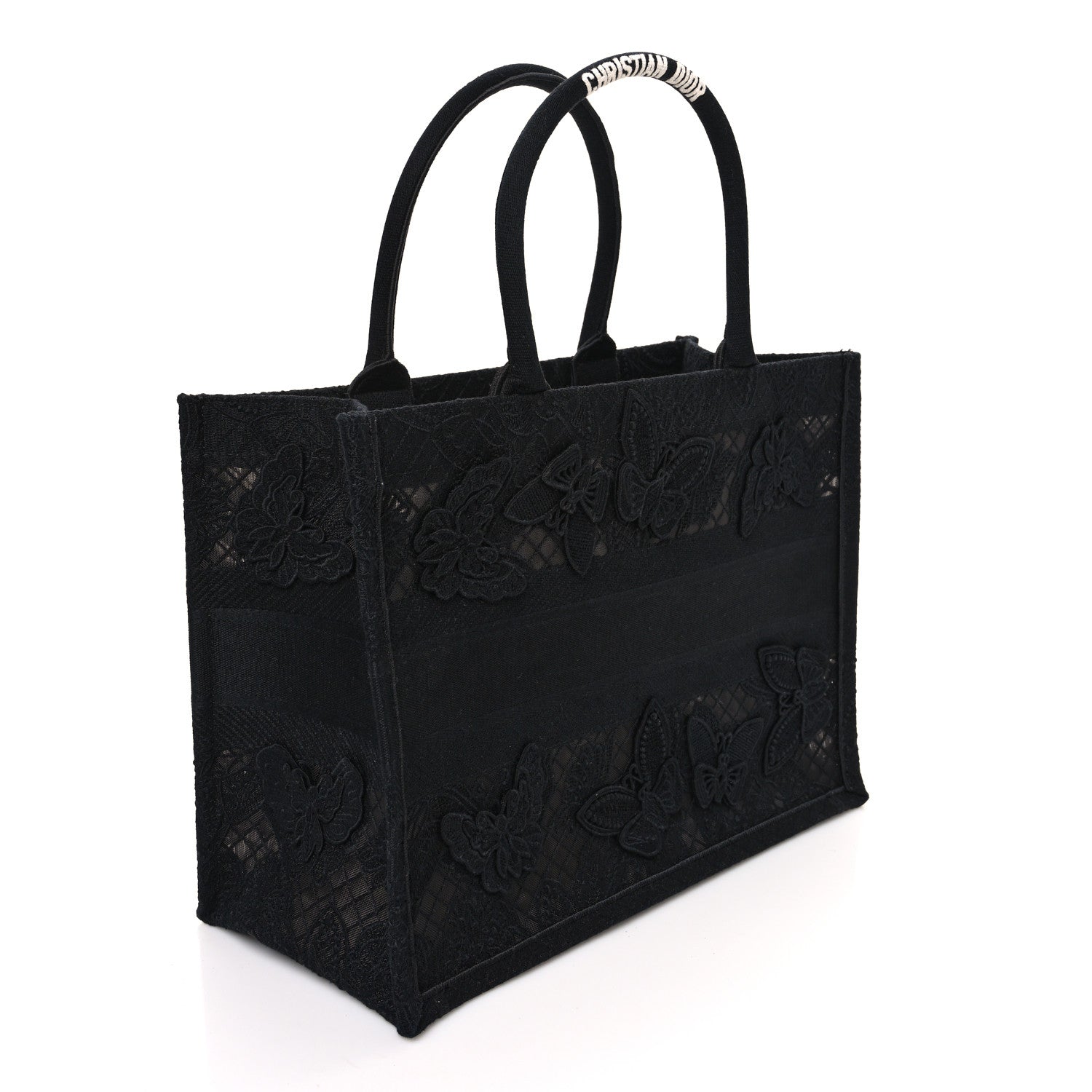 Embroidered 3D Macrame D-Lace Butterfly Medium Book Tote Black