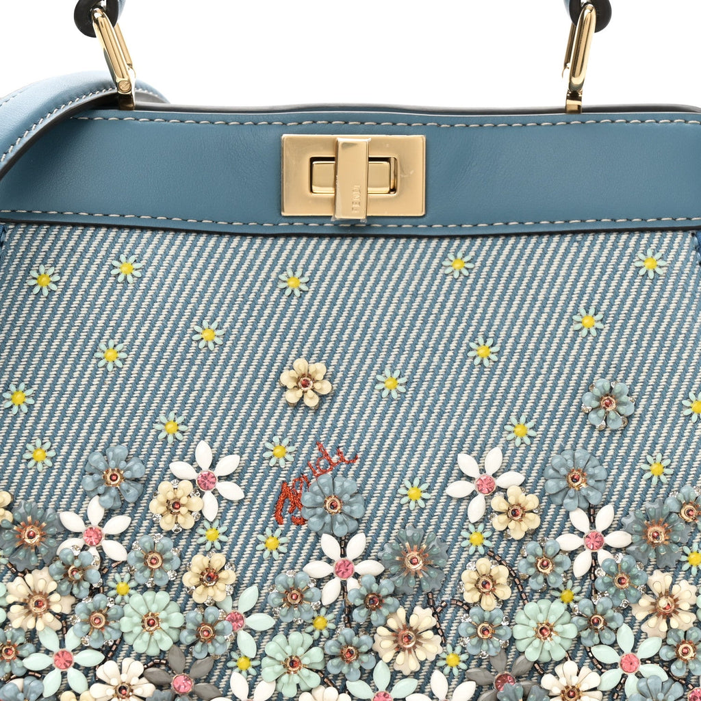Denim Nappa Floral Embroidered Petite Peekaboo I SEE U Satchel Blue