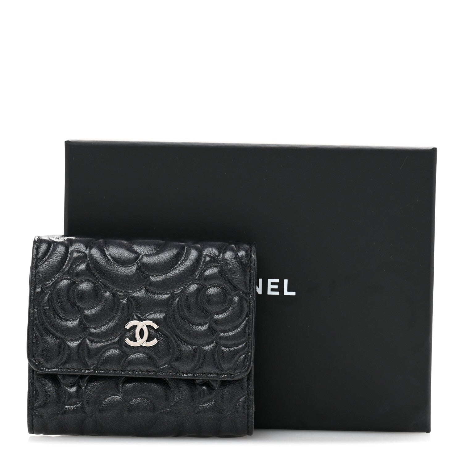 Lambskin Camellia Embossed Small Double Wallet Black