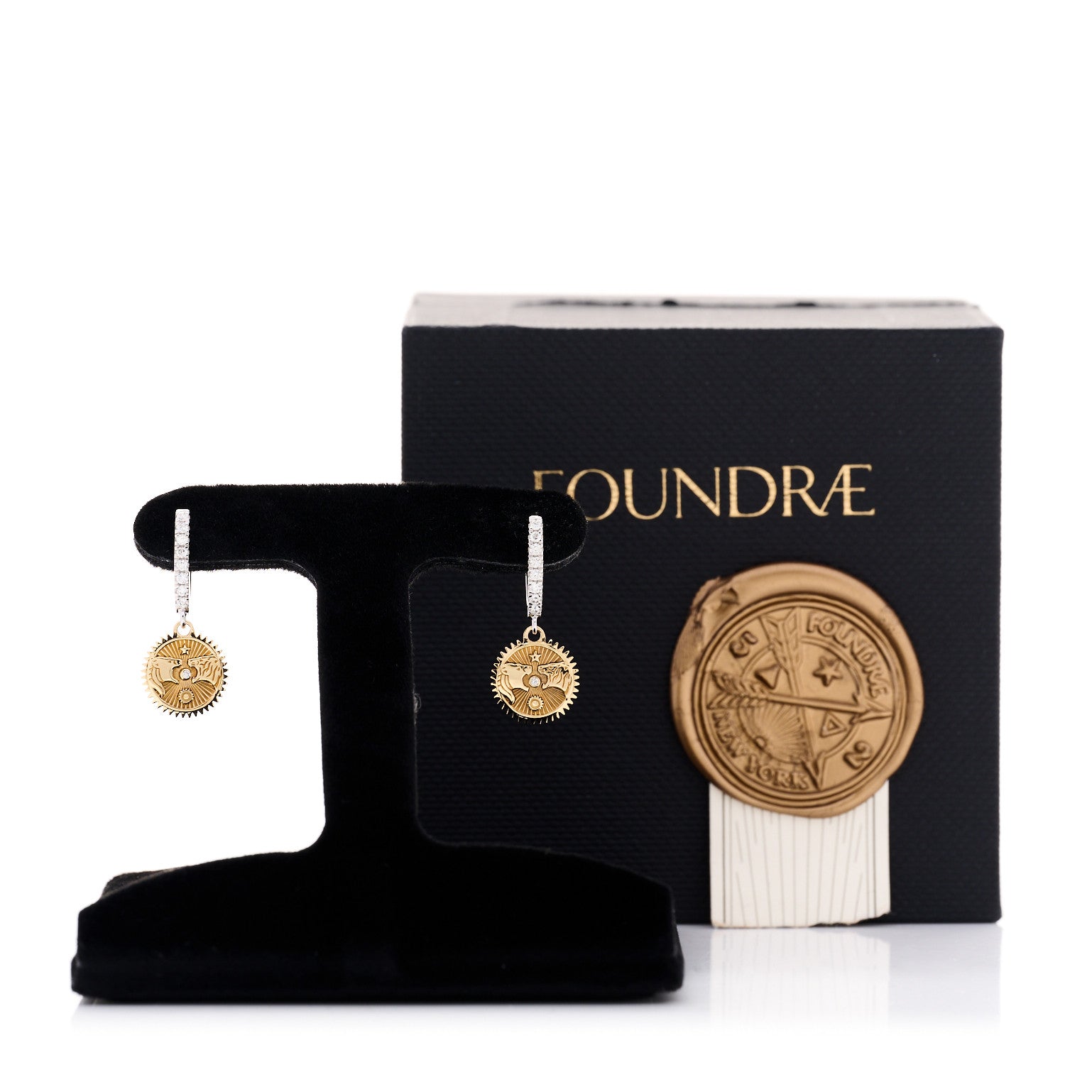 18K Yellow White Gold Diamond Strength Miniature Medallion Earrings