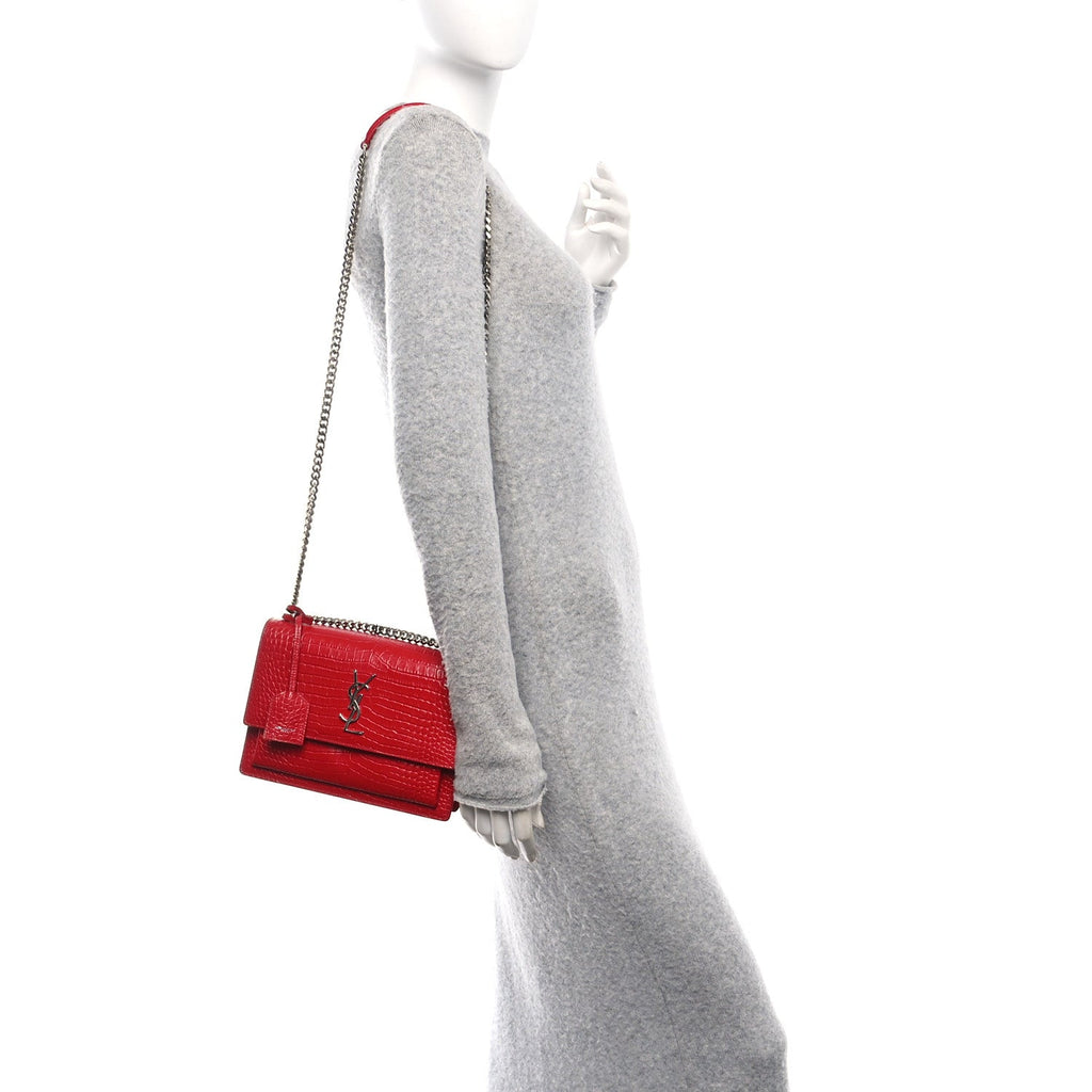 Calfskin Crocodile Embossed Medium Monogram Sunset Rouge Eros