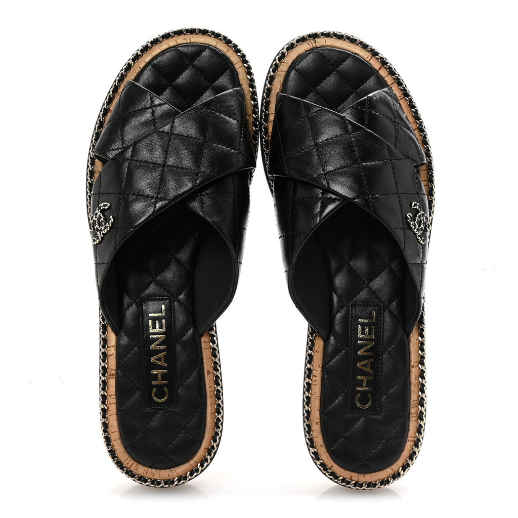 Lambskin Quilted Chain CC Sandals 40 Black