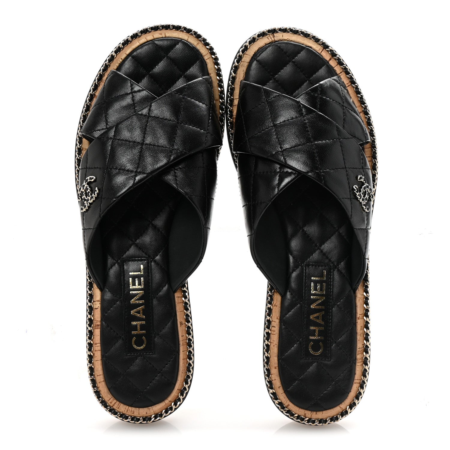 Lambskin Quilted Chain CC Sandals 40 Black