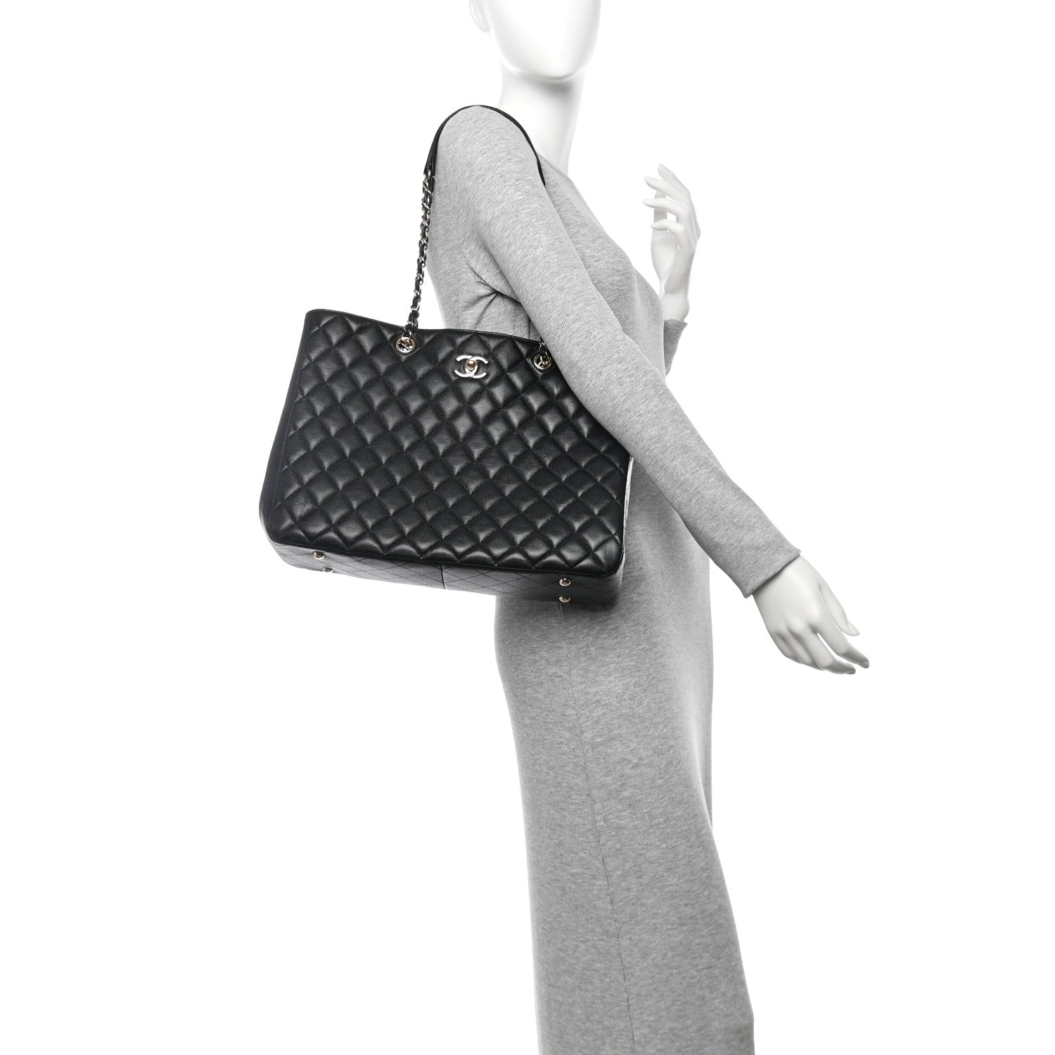 Caviar Quilted Large Shopping Tote Black