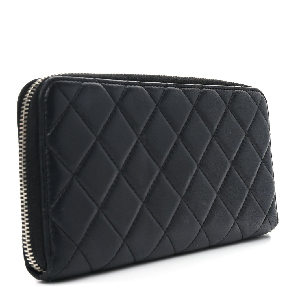 Lambskin Quilted Large Gusset Zip Around Wallet Black