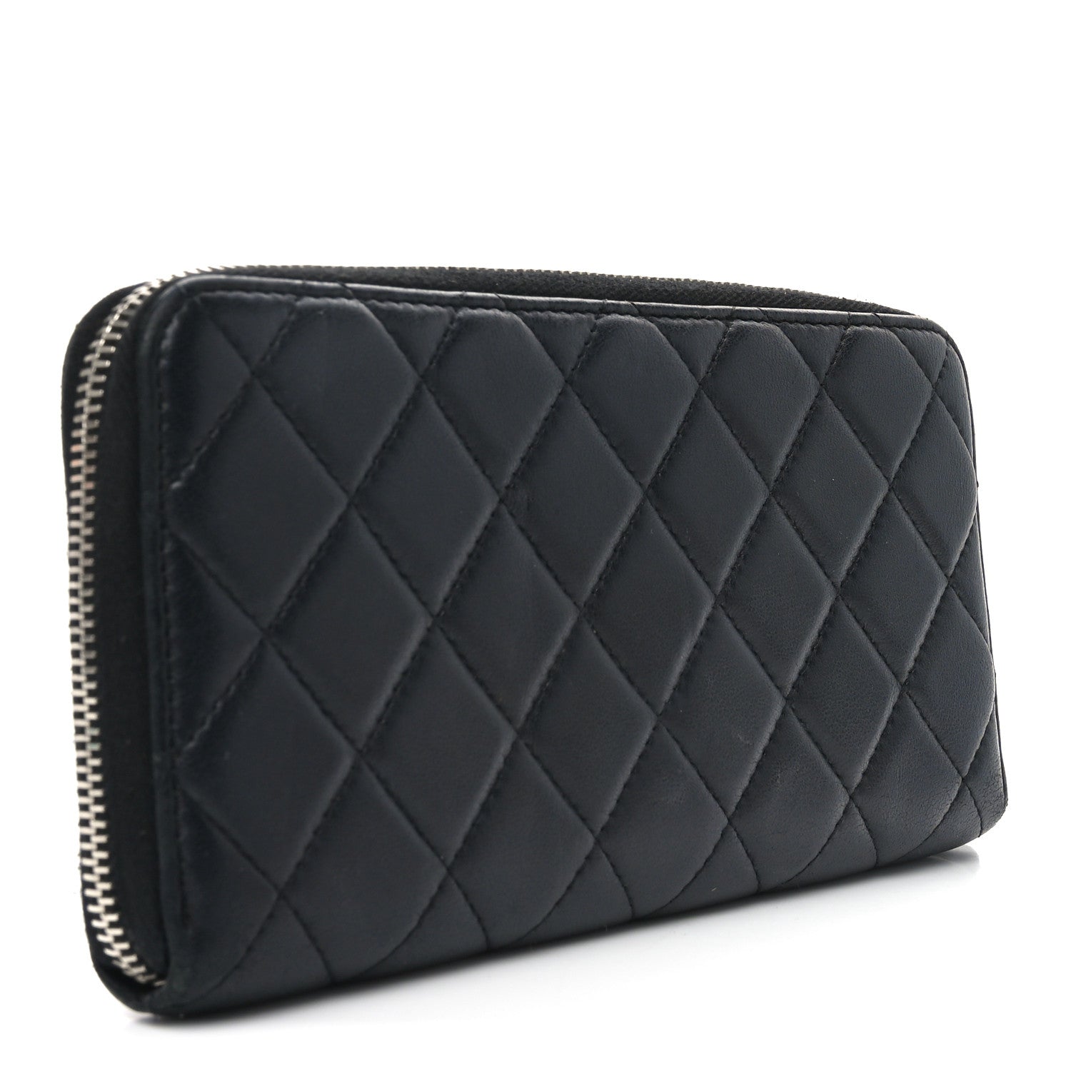Lambskin Quilted Large Gusset Zip Around Wallet Black