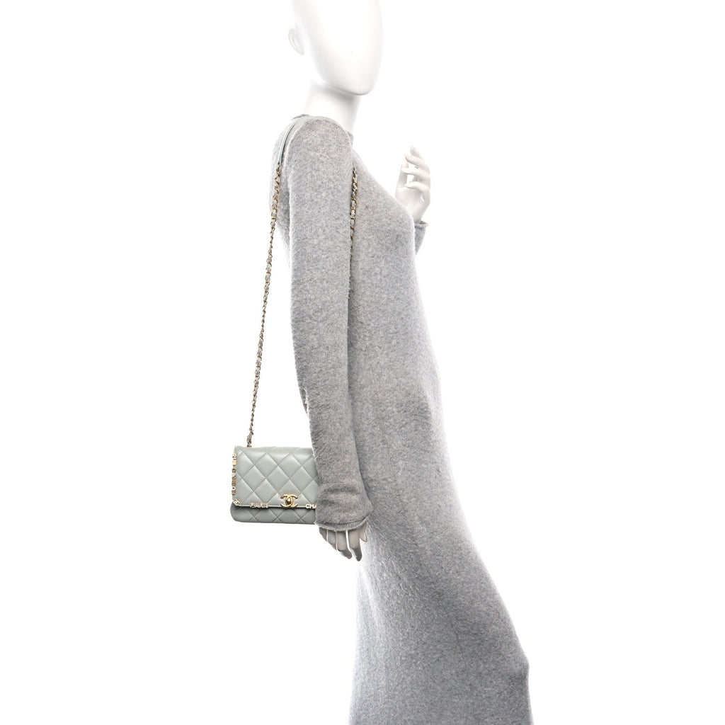 Lambskin Enamel Strass Quilted Mini Paris Monaco Flap Light Grey