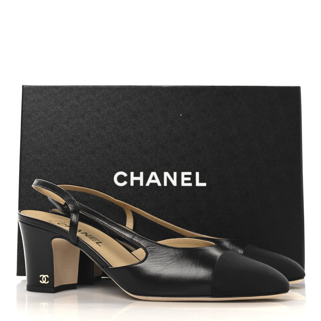 Goatskin Grosgrain Cap Toe CC Slingback Pumps 40.5 Black