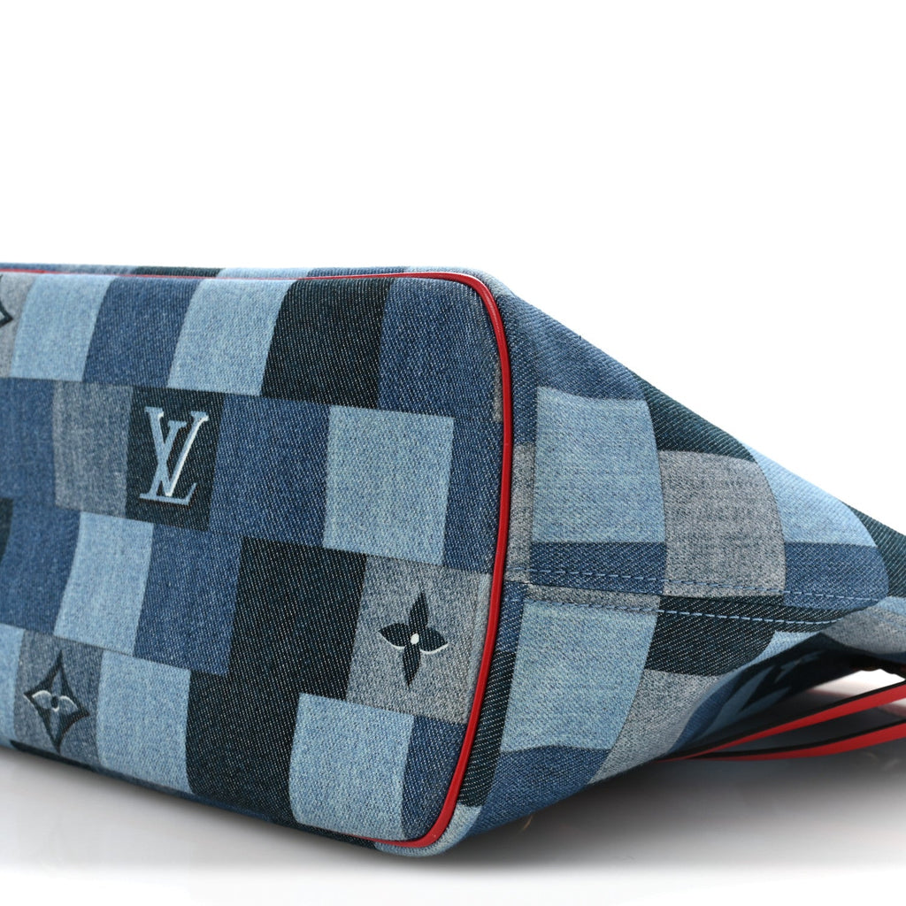 Denim Damier Monogram Patchwork Neverfull Blue Rouge