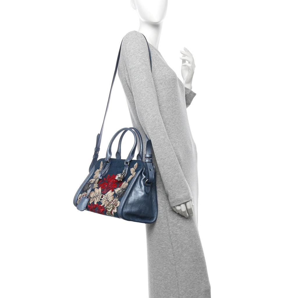 Denim Floral Embroidered Small Skull Padlock Zip Around Tote Blue Multicolor