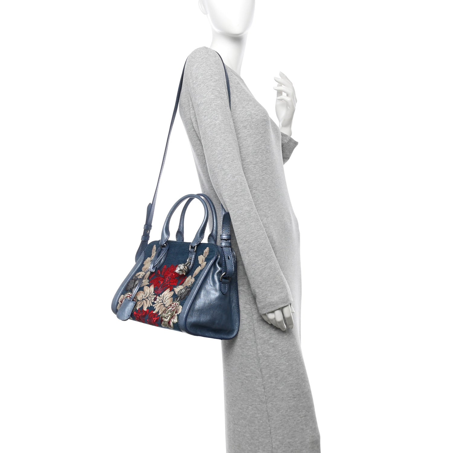 Denim Floral Embroidered Small Skull Padlock Zip Around Tote Blue Multicolor