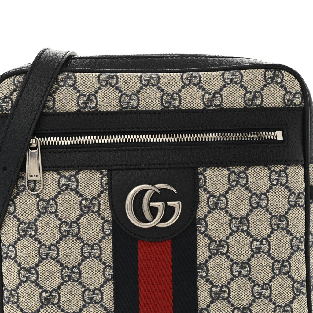 GG Supreme Monogram Textured Dollar Calfskin Web Small Ophidia Messenger Bag Beige Blue