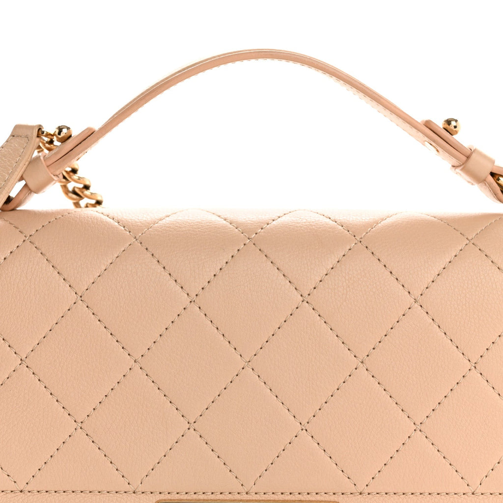 Grained Calfskin Quilted Medium Label Click Flap Bag Beige