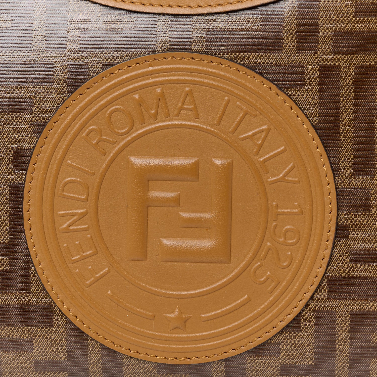 Glazed Fabric Vitello Century Plexiglass FF 1974 Stamp Patch Small Runaway Shopper Tote Mogano Panna Nocciola