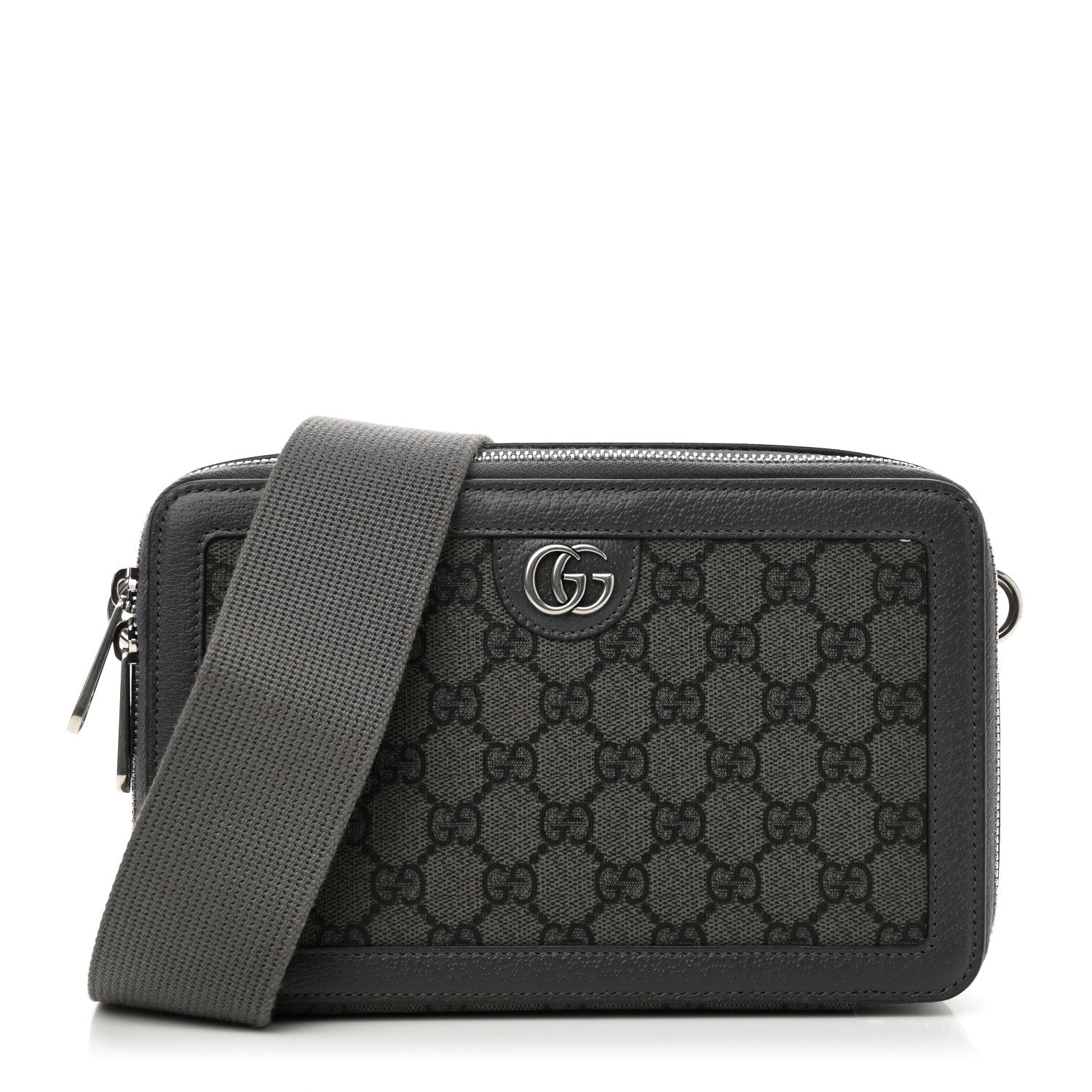 GG Supreme Monogram Textured Dollar Calfskin Small Ophidia Top Handle Shoulder Grey Black Graphite Grey