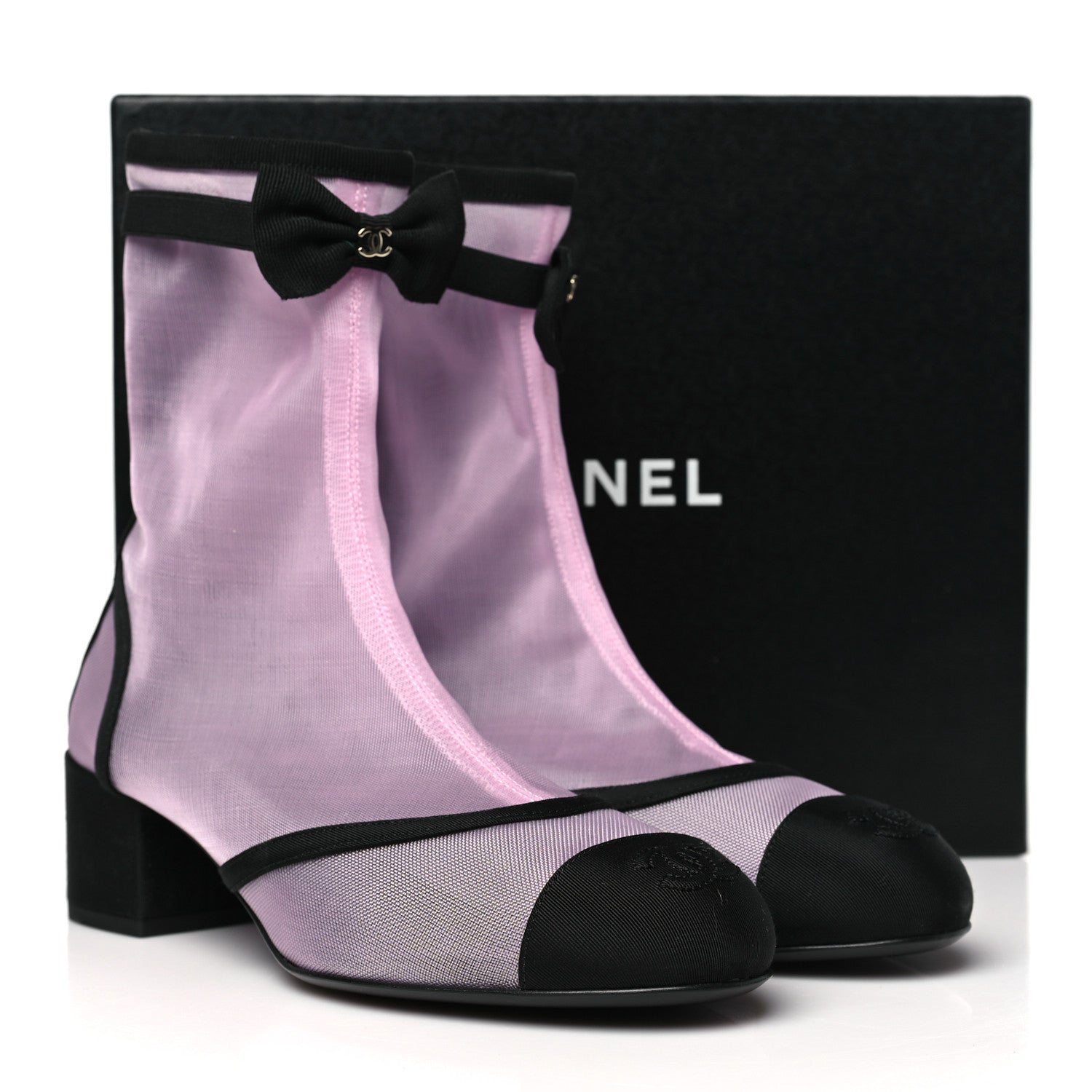 Mesh Grosgrain CC Cap Toe Ankle Boots 38.5 Light Pink Black