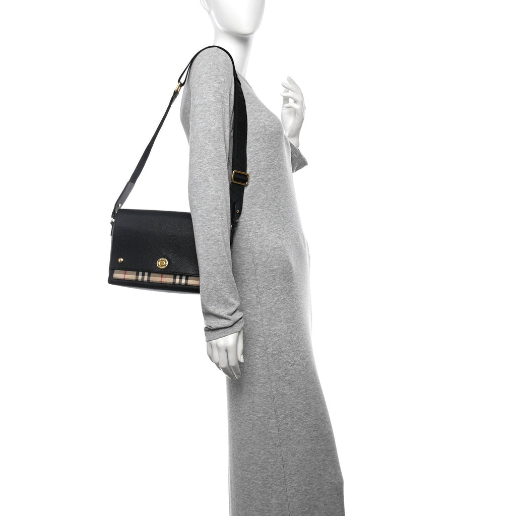 Coated Canvas Calfskin Vintage Check Medium Note Crossbody Bag Black