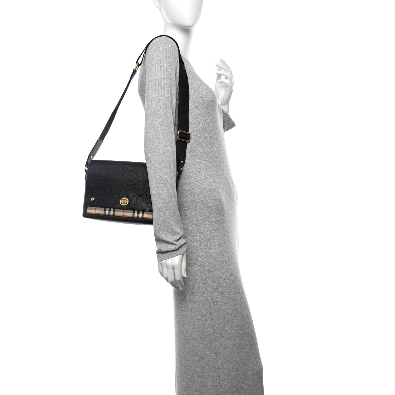 Coated Canvas Calfskin Vintage Check Medium Note Crossbody Bag Black